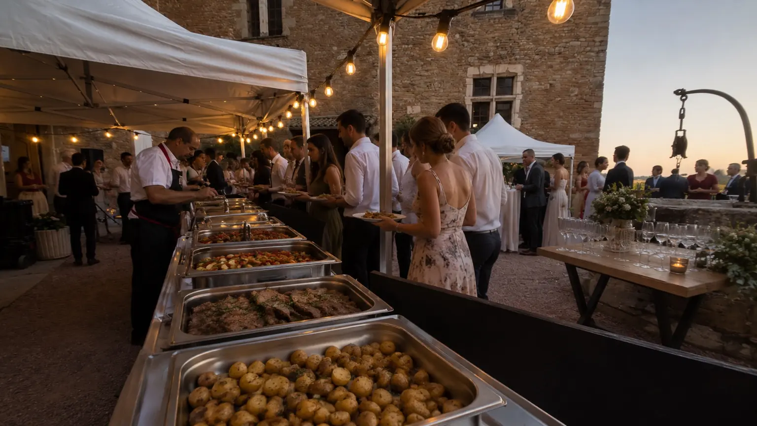 Buffet de mariage servi en extérieur au coucher du soleil