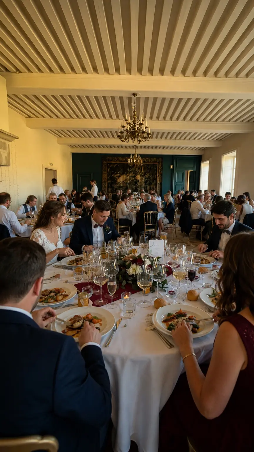 Repas de mariage servi à table dans une salle de réception